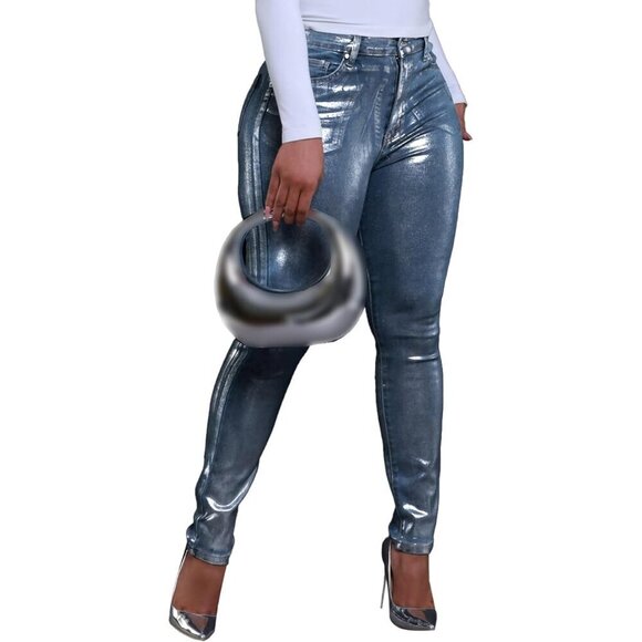 Denim - Women's High Waist Metallic Silver Skinny Jeans Stretchy Slim Fit Denim